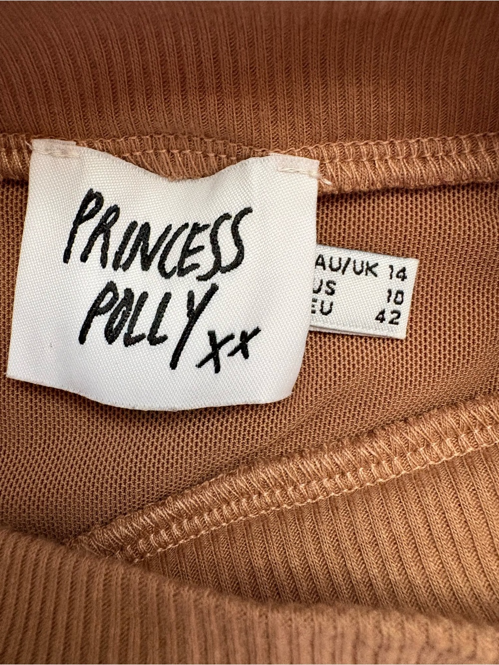 Princess Polly Tan Asymmetrical Long Sleeve  Crop Top With Cutout Size 10 - Picture 6 of 9